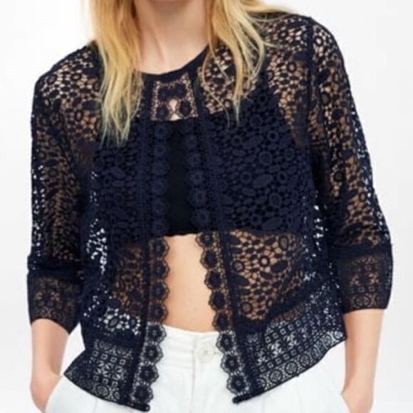 Zara Jackets & Blazers - ZARA Cropped Navy Lace Jacket SMALL